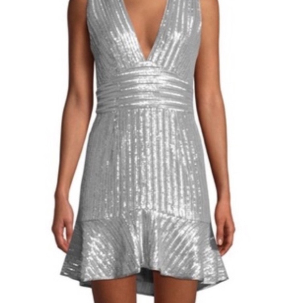 Saylor Asymmetrical Silver Sequined Cocktail Dress Size XS